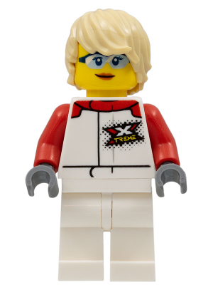 Female, White and Red Jumpsuit with 'XTREME' Logo, Tan Tousled Hair, Sunglasses and Closed Mouth Grin – ГРАДСКИ