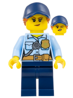 Police - City Officer Female, Bright Light Blue Shirt with Badge and Radio, Dark Blue Legs, Dark Blue Cap with Dark Orange Ponytail, Freckles – ГРАДСКИ