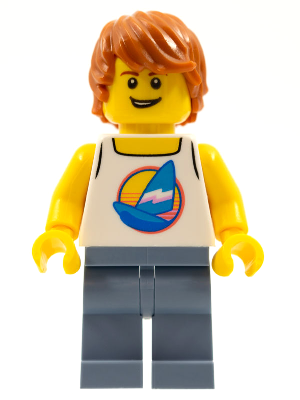 Surfer - Male, White Tank Top with Dark Azure Sailboat, Sand Blue Legs, Dark Orange Tousled Hair – ГРАДСКИ
