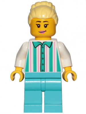 Fairground Employee, Female - Bright Light Yellow Hair with High Bun, White Shirt with Stripes, Medium Azure Legs – ГРАДСКИ