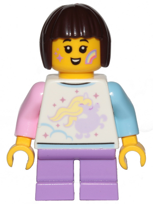 Child - Girl, White Shirt with Unicorn, Medium Lavender Short Legs, Dark Brown Bob Cut Hair, Rainbow on Cheek – ГРАДСКИ