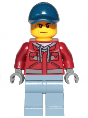 Explorer - Male, Dark Red Hooded Sweatshirt, Dark Blue Cap, Frown, Sweat Drops – ГРАДСКИ
