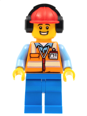 Ground Crew - Male, Orange Safety Vest with Reflective Stripes, Blue Legs, Red Construction Helmet with Black Ear Protectors / Headphones – ГРАДСКИ
