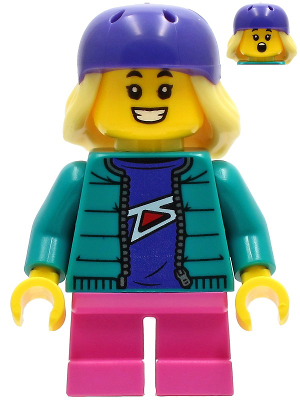 Child - Girl, Dark Turquoise Jacket over Dark Purple Shirt, Dark Pink Short Legs, Dark Purple Bicycle Helmet with Bright Light Yellow Hair – ГРАДСКИ