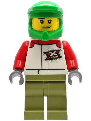 Wheelchair Athlete - Male, White Jacket with 'XTREME' Logo, Olive Green Legs, Bright Green Dirt Bike Helmet – ГРАДСКИ
