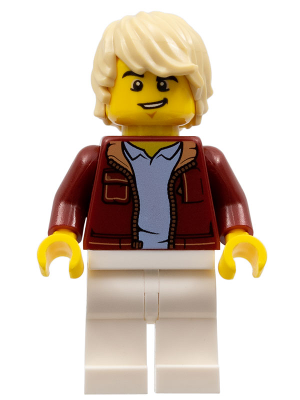 Man, Dark Red Jacket with Bright Light Blue Shirt, White Legs, Tan Tousled Hair, Lopsided Grin (Car Driver) – ГРАДСКИ
