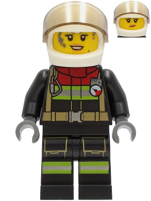 Fire - Female, Black Jacket and Legs with Reflective Stripes and Red Collar, White Helmet, Trans-Brown Visor, Dark Bluish Gray Splotches – ГРАДСКИ