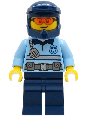 Police - City Officer Bright Light Blue Shirt with Silver Stripe, Badge, and Radio, Dark Blue Legs, Dark Blue Dirt Bike Helmet, Safety Glasses – ГРАДСКИ