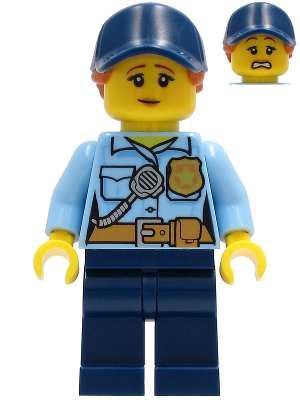 Police - City Officer Female, Bright Light Blue Shirt with Badge and Radio, Dark Blue Legs, Dark Blue Cap with Dark Orange Ponytail, Pensive Smile – ГРАДСКИ