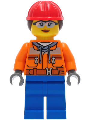 Construction Worker - Female, Orange Safety Jacket, Reflective Stripe, Sand Blue Hoodie, Blue Legs, Red Construction Helmet with Dark Brown Ponytail Hair, Safety Glasses – ГРАДСКИ