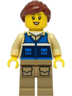 Wildlife Rescue Worker - Female, Blue Vest with 'RESCUE' Pattern on Back, Dark Tan Legs with Pockets, Reddish Brown Hair – ГРАДСКИ