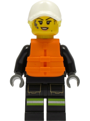 Fire - Female, Black Jacket and Legs with Reflective Stripes and Red Collar, White Cap with Bright Light Yellow Ponytail Hair, Orange Life Jacket, Dark Bluish Gray Splotches – ГРАДСКИ