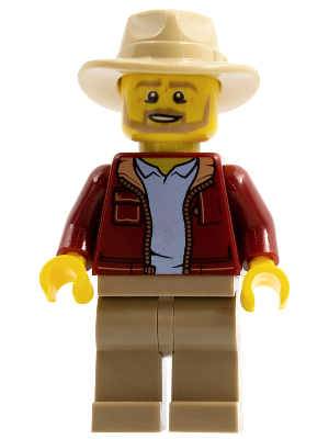 Man, Dark Red Jacket with Bright Light Blue Shirt, Dark Tan Legs, Tan Fedora Hat, Beard (Larry Jones, Adventurer) – ГРАДСКИ