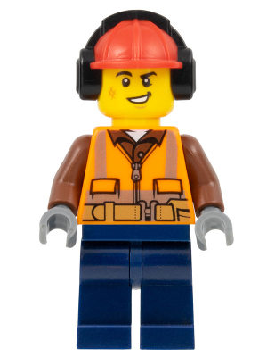 Construction Worker - Male, Orange Safety Vest, Reflective Stripes, Reddish Brown Shirt, Dark Blue Legs, Red Construction Helmet with Black Ear Protectors / Headphones, Lopsided Smile – ГРАДСКИ