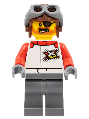 Stuntz Driver - Male, White Racing Jacket with Red Arms, Dark Bluish Gray Legs, Reddish Brown Aviator Cap, Eye Patch – ГРАДСКИ