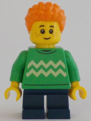 Child - Boy, Bright Green Sweater with Bright Light Yellow Zigzag Lines, Dark Blue Short Legs, Orange Short Coiled Hair, Freckles – ГРАДСКИ
