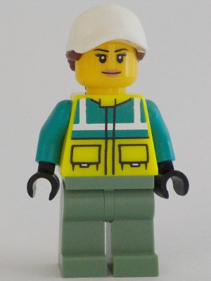 Ambulance Driver - Female, Dark Turquoise and Neon Yellow Safety Vest, Sand Green Legs, White Cap with Reddish Brown Ponytail Hair – ГРАДСКИ
