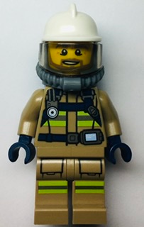 Fire - Reflective Stripes, Dark Tan Suit, White Fire Helmet, Open Mouth with Beard, Breathing Neck Gear with Blue Air Tanks – ГРАДСКИ