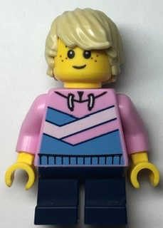 Bright Pink Hoodie, Medium Blue and White Diagonal Stripes, Dark Blue Short Legs, Tan Hair, Freckles, Smile – ГРАДСКИ