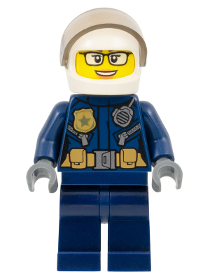Police - City Motorcyclist Female, Leather Jacket with Gold Badge and Utility Belt, White Helmet, Trans-Brown Visor, Glasses, and Open Mouth Smile – ГРАДСКИ