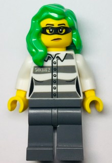 Police - Jail Prisoner 50382 Prison Stripes, Female, Dark Bluish Gray Legs, Frown with Black Mask, Green Hair – ГРАДСКИ