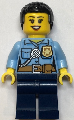 Police - City Officer Female, Bright Light Blue Shirt with Badge and Radio, Dark Blue Legs, Short Black Curly Hair – ГРАДСКИ