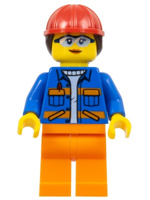 Construction Worker - Female, Blue Jacket with Diagonal Lower Pockets and Orange Stripes, Orange Legs, Red Construction Helmet with Dark Brown Ponytail Hair, Glasses – ГРАДСКИ