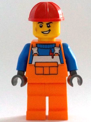 Construction Worker - Male, Orange Overalls with Reflective Stripe and Buckles over Blue Shirt, Orange Legs, Red Construction Helmet, Lopsided Smile – ГРАДСКИ