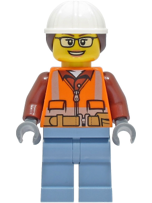 Construction Worker - Female, Orange Safety Vest, Reflective Stripes, Reddish Brown Shirt, Sand Blue Legs, White Construction Helmet with Dark Brown Ponytail Hair, Glasses – ГРАДСКИ