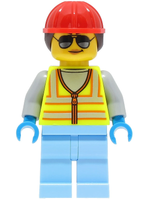 Space Engineer - Female, Neon Yellow Safety Vest, Bright Light Blue Legs, Red Construction Helmet with Dark Brown Ponytail Hair, Sunglasses – ГРАДСКИ