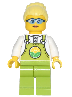 Farmer Peach - Lime Overalls over White Shirt, Lime Legs, Bright Light Yellow High Bun, Glasses – ГРАДСКИ