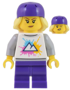 Electric Scooter Rider - Female, White Shirt with Mountains Logo, Dark Purple Medium Legs, Dark Purple Bicycle Helmet with Bright Light Yellow Hair, Freckles – ГРАДСКИ