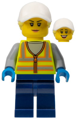 Forklift Driver - Female, Neon Yellow Safety Vest, Dark Blue Legs, White Cap with Bright Light Yellow Ponytail Hair – ГРАДСКИ