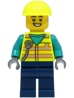 Utility Truck Driver - Male, Neon Yellow Safety Vest with Radio, Dark Blue Legs, Neon Yellow Construction Helmet, Hearing Aid – ГРАДСКИ