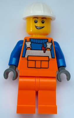 Construction Worker - Male, Orange Overalls with Reflective Stripe and Buckles over Blue Shirt, Orange Legs, White Construction Helmet, Open Lopsided Grin – ГРАДСКИ