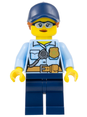 Police - City Officer Female, Bright Light Blue Shirt with Badge and Radio, Dark Blue Legs, Dark Blue Cap with Dark Orange Ponytail, Safety Glasses – ГРАДСКИ