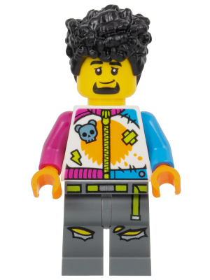 Stuntz Driver - Male, White Jumpsuit with Magenta and Dark Azure Arms, Dark Bluish Gray Legs, Black Tall Coiled Hair, Goatee – ГРАДСКИ