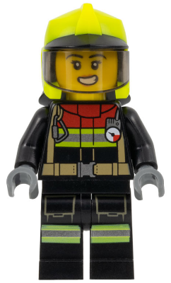 Fire - Female, Black Jacket and Legs with Reflective Stripes and Red Collar, Neon Yellow Fire Helmet, Trans-Brown Visor, Scared Open Mouth with Teeth – ГРАДСКИ