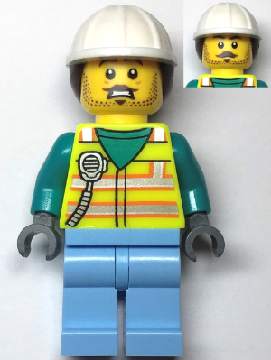 Utility Worker - Male, Neon Yellow Safety Vest with Radio, Bright Light Blue Legs, White Construction Helmet with Dark Brown Ponytail Hair, Moustache, Stubble – ГРАДСКИ