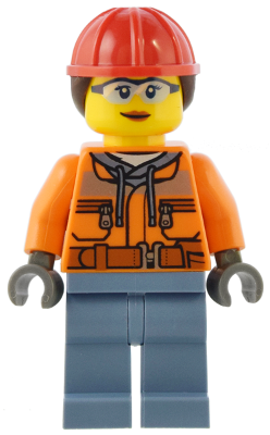 Construction Worker - Female, Orange Safety Jacket, Reflective Stripe, Sand Blue Hoodie, Sand Blue Legs, Red Construction Helmet with Dark Brown Ponytail Hair – ГРАДСКИ