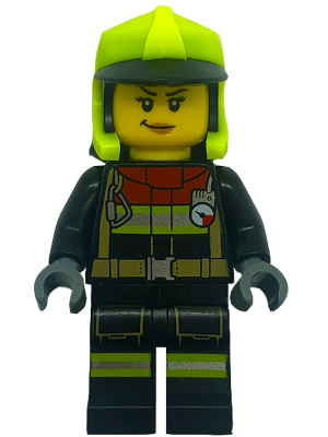 Fire - Female, Black Jacket and Legs with Reflective Stripes and Red Collar, Neon Yellow Fire Helmet, Right Raised Eyebrow, Medium Nougat Lips, Smirk – ГРАДСКИ