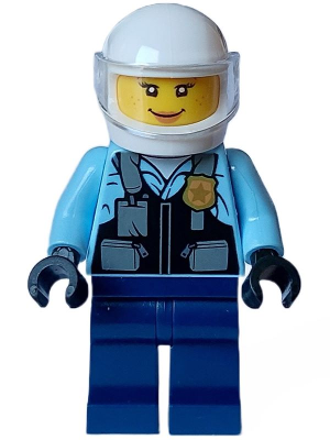 Police - City Motorcyclist Female, Safety Vest with Police Badge, Dark Blue Legs, White Helmet, Trans-Clear Visor – ГРАДСКИ