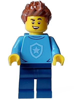 Police - City Officer in Training Male, Medium Blue Shirt with Badge, Dark Blue Legs, Reddish Brown Hair, Open Mouth Smile – ГРАДСКИ