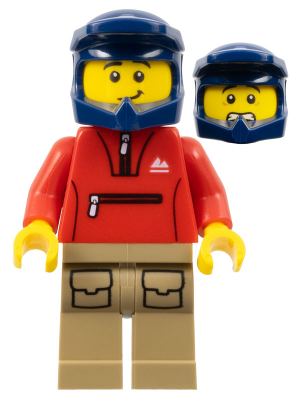 Mountain Bike Cyclist - Male, Red Tracksuit, Dark Tan Legs with Pockets, Dark Blue Dirt Bike Helmet, Lopsided Smile – ГРАДСКИ