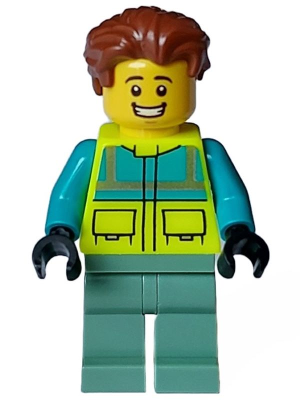 Paramedic - Male, Dark Turquoise and Neon Yellow Safety Vest, Sand Green Legs, Reddish Brown Hair, Open Mouth Smile – ГРАДСКИ