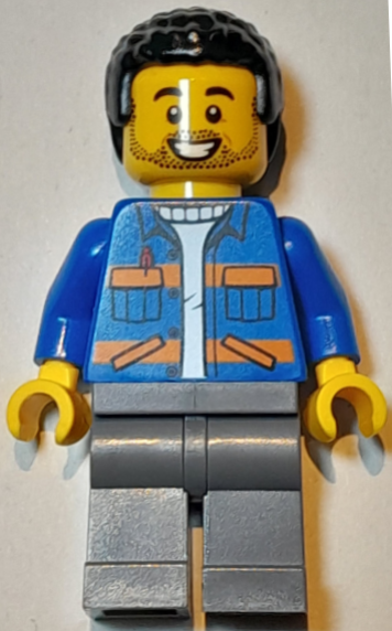 Lawn Mower Operator - Male, Blue Jacket with Diagonal Lower Pockets and Orange Stripes, Dark Bluish Gray Legs, Black Coiled Hair, Stubble – ГРАДСКИ