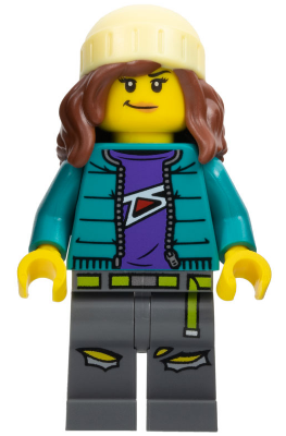 Fearless Fi - Stuntz Announcer, Dark Turquoise Jacket over Dark Purple Shirt, Dark Bluish Gray Legs, Reddish Brown Hair with Bright Light Yellow Beanie – ГРАДСКИ