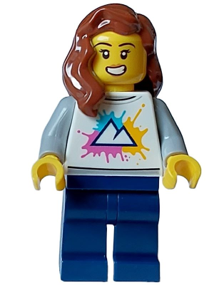 Cozy House Resident - Female, White Shirt with Mountains Logo, Dark Blue Legs, Reddish Brown Hair – ГРАДСКИ
