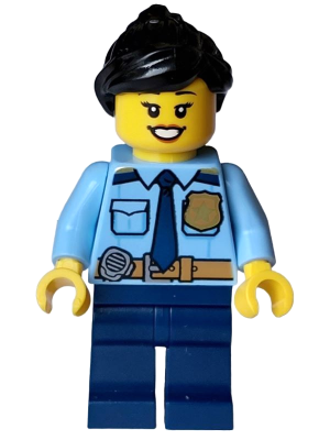 Police - City Officer Female, Shirt with Dark Blue Tie and Gold Badge, Dark Tan Belt with Radio, Dark Blue Legs, Black Ponytail – ГРАДСКИ