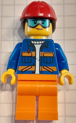 Construction Worker - Female, Blue Jacket with Diagonal Lower Pockets and Orange Stripes, Orange Legs, Red Construction Helmet with Dark Brown Ponytail Hair, Goggles – ГРАДСКИ